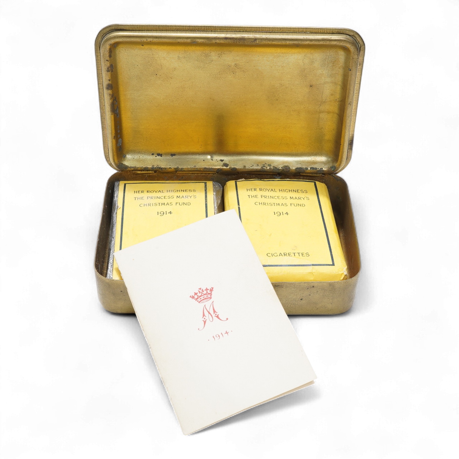 A 1914 Princess Mary Christmas tin containing the original sealed packet of tobacco, the packet of cigarettes and the Christmas card